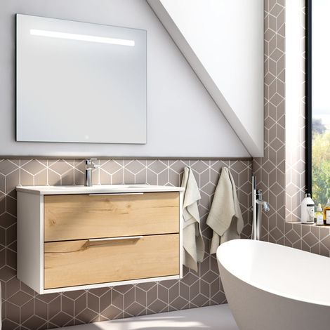 Meuble de salle de bain simple vasque - 1 façade et 2 tiroirs - ALBA et miroir STAM - 80cm (1/3)