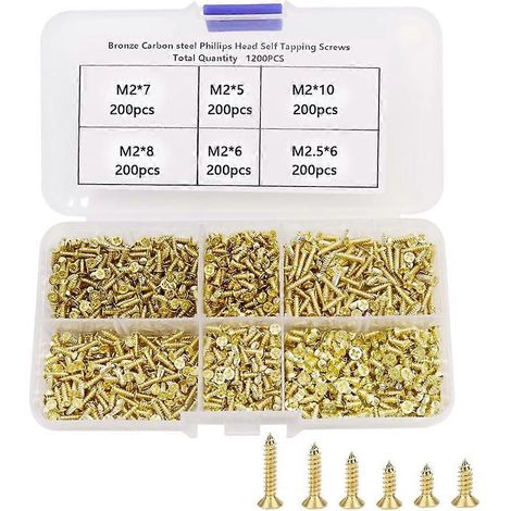 1200 Stück kleine Scharnier-Holzschrauben M2/M2,5, kleine Messingschrauben 5/6/8/10 mm, kleine Flachkopf-Kreuzschlitzschrauben Sortiment - Gold [Db] (1/5)