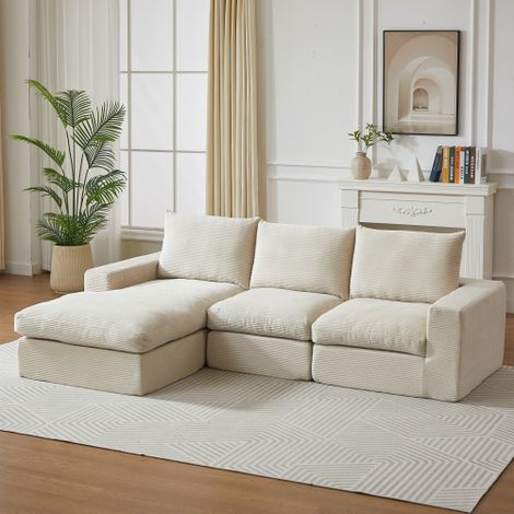 Boneless Couch with Chaise, L-förmiges modernes gepolstertes Sofa aus Cord mit drei Kissen, Cord-Sofa für Wohn- und Schlafzimmer, keine Montage erforderlich(W3349S00016)