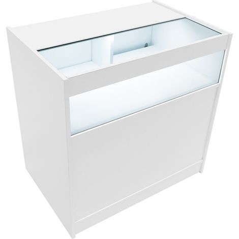 Mostrador Comercial con Luz LED B900  MDF Blanco y Vidrio Templado  90x60x90cm  3 estantes  Puertas con cerradura  Ideal para tiendas y comercios  Fácil Montaje  Mostrador Recepción Expositor