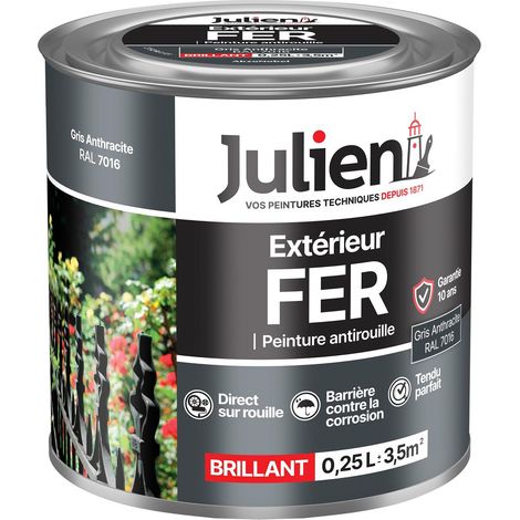 Julien Peinture Fer Anti-Rouille Brillant - Portes, grilles, portails, mobilier de jardin en métal - Gris Anthracite 0,25 L