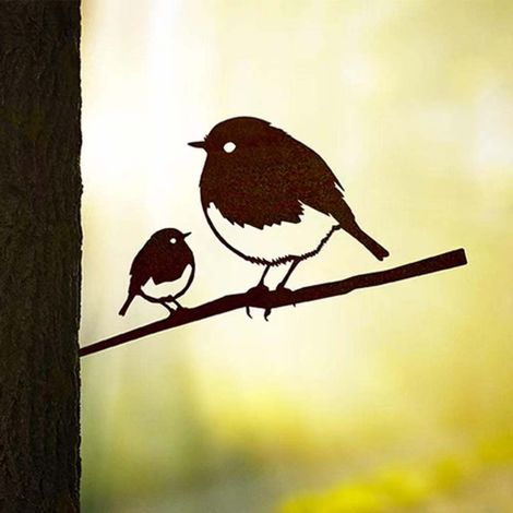 Oiseaux sur pique couple de rouge-gorge en acier corten (1/4)