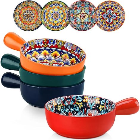 Set of Bowls with Handles - 690 ml - Deep Bowls for Cereal, Pasta, Salads or French Onions, Bohemian Style (1/5)