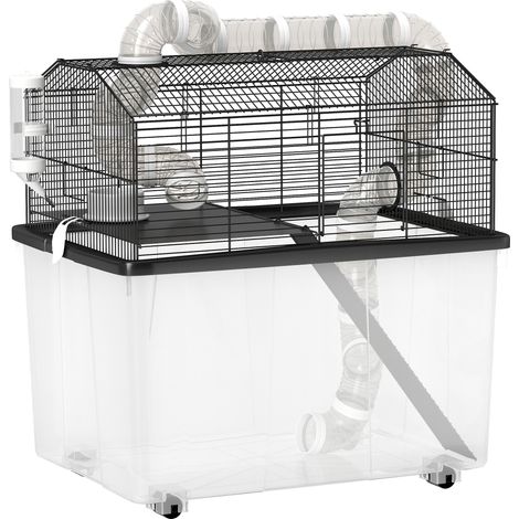 Cage à hamster transportable avec rampe, gamelle, abreuvoir à tube, système de tuyaux 58 x 43 x 57 cm noir (1/5)