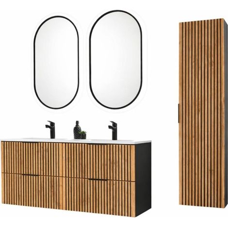 Set KINOKO: Unterschrankmöbel 120cm + doppeltes eingelassenes weißes Waschbecken + 2 ovale LED-Spiegel + Hochschrank