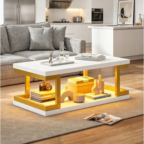 Table basse rectangulaire avec LED, rangement ouvert, MDF blanc et métal doré pour salon, 100x50x37,5 cm (1/5)