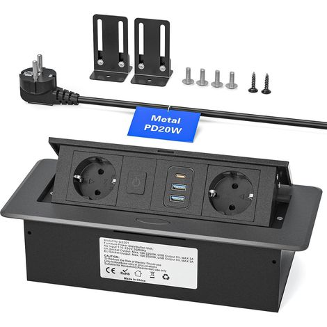 Prise encastrable de Table en Aluminium avec Interrupteur, 3 Prises 2500W/10A, 2 Ports USB-C PD 20W & 2 Ports USB-A – Bloc multiprise escamotable, câble 1,8 m,Noir (1/5)