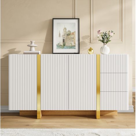 Sideboard , vertikal geriffelte Front, 3 Schwenktüren, 3 Schubladen, goldene Zierleisten, Sockel Holzoptik, gedämpfte Scharniere, Stauraumschrank, Eingangsschrank, Esszimmerschrank, Wohnzimmerschrank, (1/5)