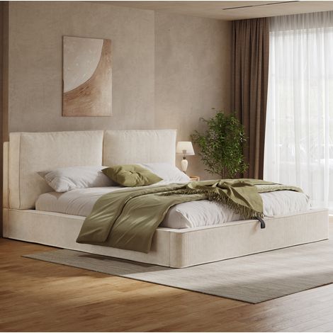 Cama con baúl 180x200 cm con almacenaje hidráulico y cabecero tapizado, de terciopelo, beige, sin colchón (1/5)