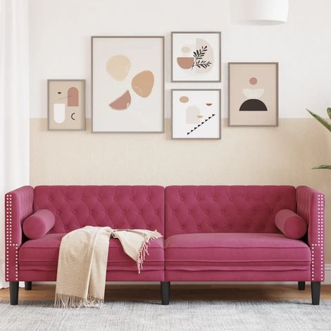 Sofá Chesterfield 3 plazas con cojines terciopelo rojo tinto vidaXL