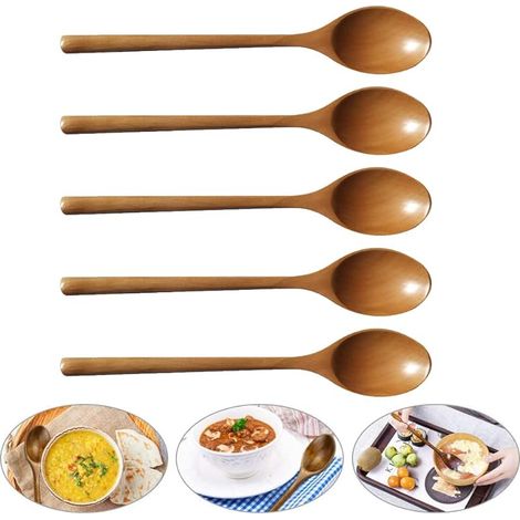 5 Pièces Cuillère à mélanger en bois à long manche, Cuillere en Bois de Cuisine, Cuillère en Wood, Cuillère à Soupe Wood, pour Thé Miel Café Confiture Cuisson Mélanger