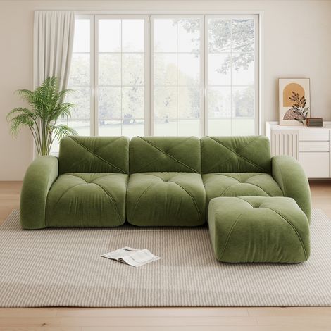 Canapé d'angle modulable 3 places avec repose-pieds, fauteuil convertible pour salon, base anti-dérapante, prêt à l'emploi, sans assemblage, tissu vert (1/5)