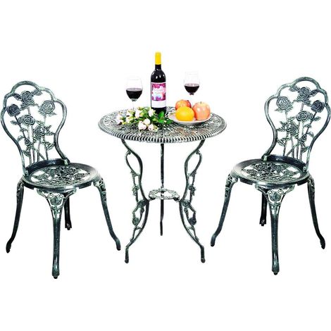 COSTWAY 3tlg. Antik Bistroset Sitzgruppe Balkonset Gartenset Sitzgarnitur Gartengarnitur Gartenmoebel Bistrotisch Gartentisch mit 2 Stuehle Aluminiumguss Grün (1/5)