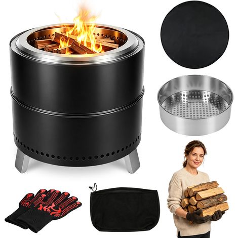 Jiubiaz Braciere da giardino senza fumo Ø49,5 cm in acciaio inox 201 con rivestimento resistente alle alte temperature, nero (1/5)