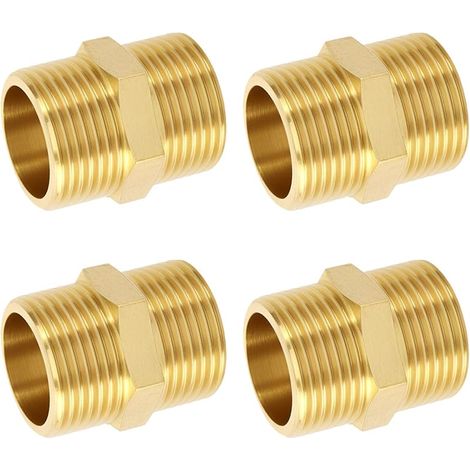 Mamelon Double 3/4 Pouce en Laiton Filetage Extérieur, 4 Pièces Mamelon Double avec Hexagone Robuste et Inoxydable, Laiton Raccord Fileté Raccords Adaptés à L'eau Potable (1/5)