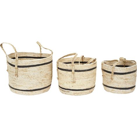 Lot de 3 Paniers Tressés Bicolores en Fibre de Maïs Coloris Naturel et Noir avec Anses (1/5)