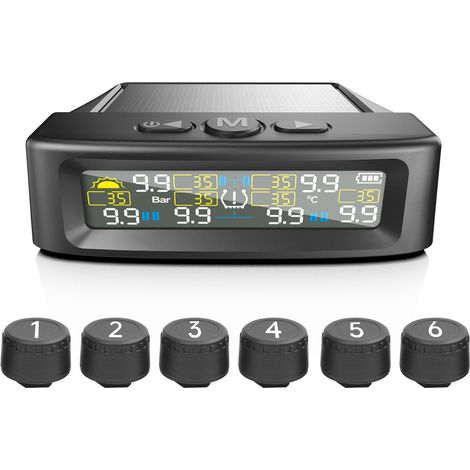 Sistema di monitoraggio della pressione degli pneumatici TPMS a 6 ruote, max. 9,9 bar/144 PSI, con funzione di ricarica solare e USB, per camion, camper e autobus.