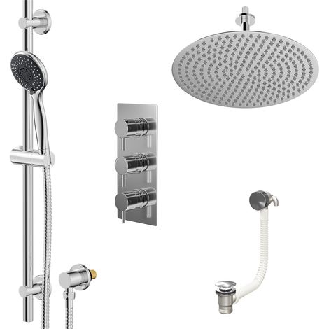 Wholesale Domestic Circo Polished Chrome Concealed Triple Thermostatic Shower Valve with Diverter and 400mm Round Head with 150mm Ceiling Arm and Clyde Slide Rail Kit with Free-Flow Bath Filler - 3 Ou (1/5)