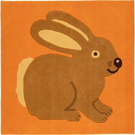 Tapis orange motif lapin design moderne court poil - Orange mandarine avec lapin marron (1/4)