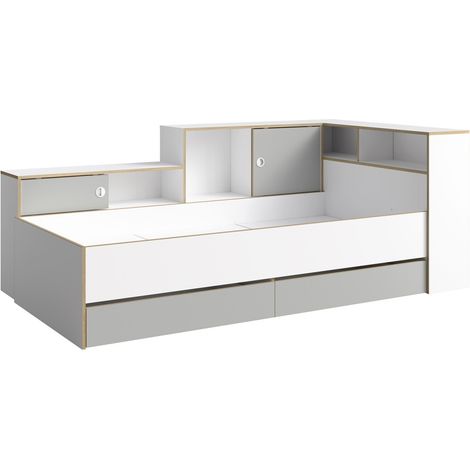 Lit infantil ELYO – 90x200 cm – Con cajones, nichos y estanterías – Gris, blanco & roble claro