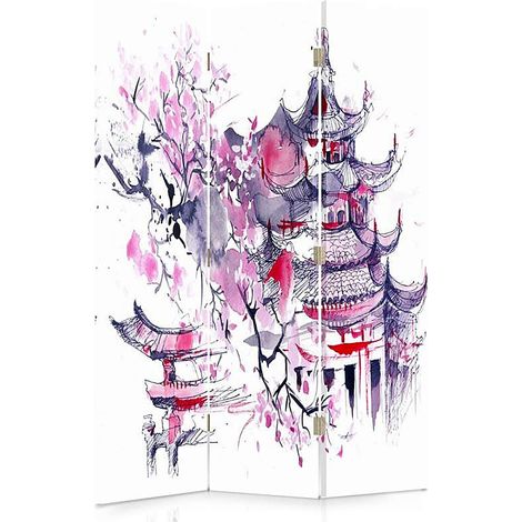 Paravent Style Japonais 3 Panneaux pour Décoration Zen - 110 x 180 cm - 1 face déco, 1 face noir