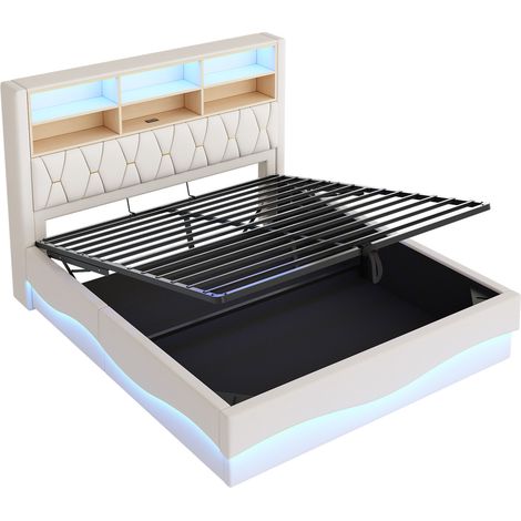 Letto contenitore 180x200 cm con LED APP, USB e struttura in metallo beige (1/5)