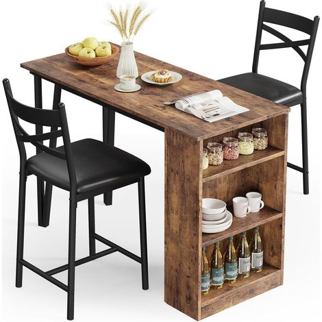 Ensemble table de bar extensible marron rustique pour 2 personnes, 2 chaises rembourrées et 3 étagères de rangement (1/5)