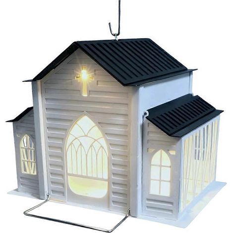 Mangeoire à oiseaux en métal en forme d'église avec lumière solaire, à suspendre pour l'extérieur, idéale pour la décoration du jardin, de la cour ou de la terrasse.