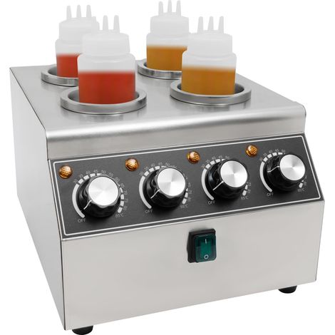 Chauffe-sauce électrique en acier inoxydable, 4 bouteilles, 800 W, 30 °C - 85 °C, Machine de conservation de la chaleur, Interrupteur de commande indépendant avec 4 bouteilles en PVC, Maintient (1/5)
