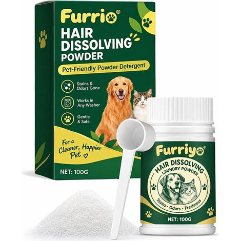 Das Furriyo Tierhaarreinigungspulver mit seiner pflanzenbasierten Formel ist antibakteriell, desodorierend und reinigt das Fell von Haustieren schonend, ohne es zu schädigen. (1/5)