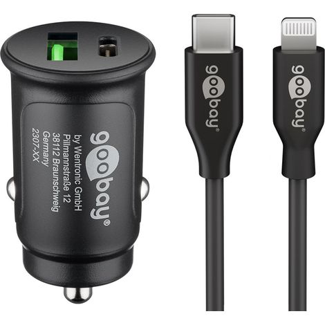 Dual-USB Auto-Schnellladeset Lightning (27 W), Kfz-Ladeadapter mit 1x USB-C™ und 1x USB-A, USB-C™-Lightning-Kabel, 1 m, schwarz.