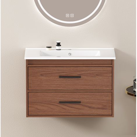 Meuble de salle de bains 75 cm en MDF brun rouge, 2 tiroirs, REDOM (1/5)