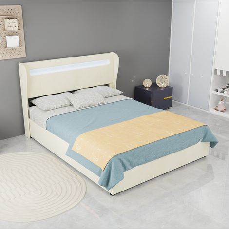 Lit rembourré moderne en tissu beige 140x200 cm avec tête de lit réglable et éclairage LED (1/5)