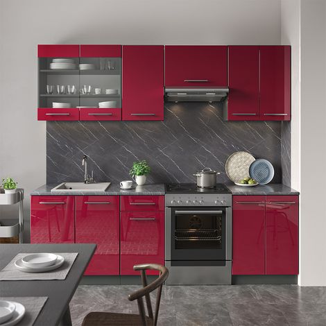 Cuisine Fame-Line, Rouge bordeaux Haute brillance, 240 cm , PT Chêne, Vicco