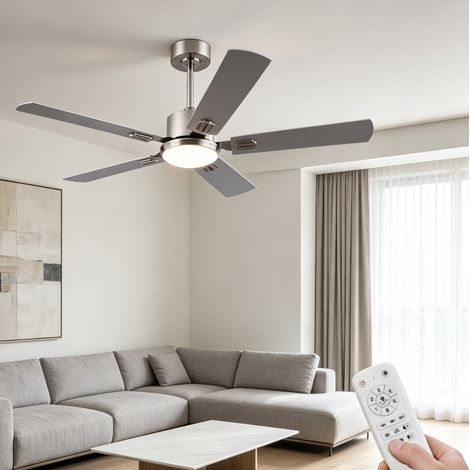 Ventilador de techo de 132 cm con luz LED, mando a distancia, motor de DC, 6 velocidades, reversible, acabado en níquel.