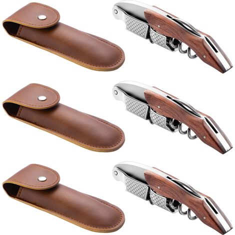 Juego de 3 sacacorchos profesionales con estuche protector de piel, mango largo de palisandro y empuñadura de acero inoxidable. Ideal para camareros, sumilleres y bármanes de bares y restaurantes.