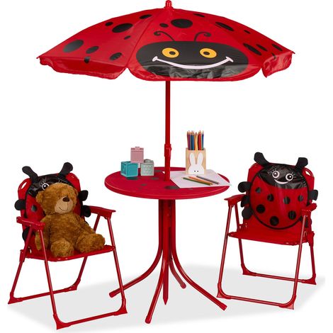 Relaxdays Conjunto sillas infantiles para camping, tema mariquitas, 2 sillas plegables, mesa y sombrilla, rojo