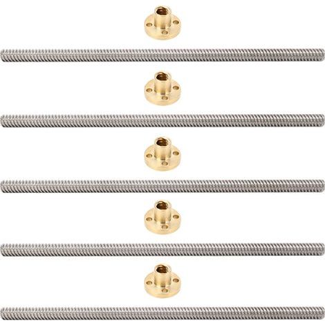 Satz mit 5 Kugelgewindespindeln T8, 2 mm Steigung, 8 mm Länge, 200 mm Gewindestange für Linearbewegung, mit Messingmutter für 3D-Drucker
