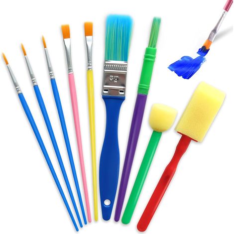 Pinceaux Enfants, 9 Pcs Kit Pinceaux Lavables, Éponge Brosses Peinture pour Débutant, Aquarelle, Huile, Acryliques (1/5)