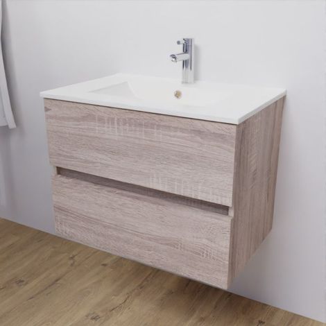 Meuble salle de bain suspendu 70 cm ROSALY- Bois- Plan vasque en Céramique — vue 2