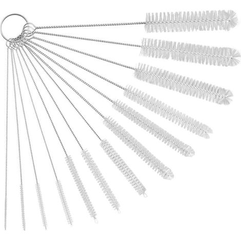 Goupillon Biberon, Brosses de Nettoyage 13 pièces, Brosse en Nylon 21 cm, Mini Brosse en Acier Inoxydable, pour Bouteilles, Pailles, Biberons, Tasses, Tuyaux, Machines à Café - Blanc (1/5)