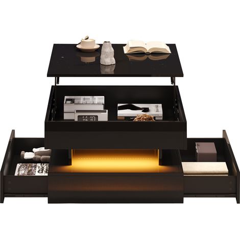 CHICFURN Mesa de centro elevable 65 x 65 x 38,5 cm negra con LED y 2 cajones (1/5)