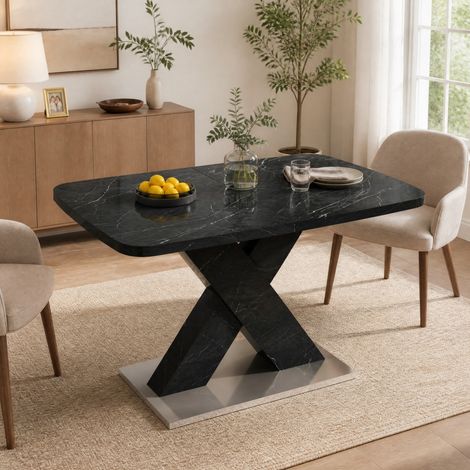Table à manger rectangulaire extensible 120-160 cm, plateau effet marbre noir, MDF, OKWISH (1/5)