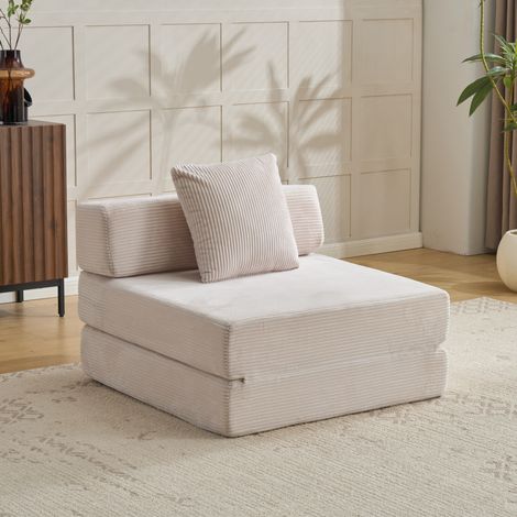 Divano letto pieghevole da pavimento singolo in velluto a coste bianco con cuscino e schienale (1/5)