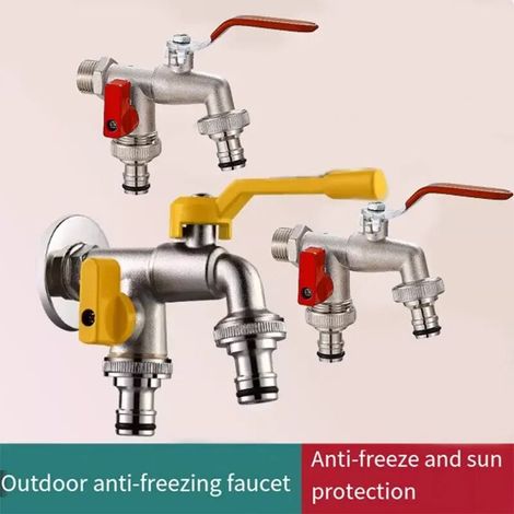 Robinet antigel extérieur (jaune), une entrée et deux sorties, pour machine à laver de jardin de cour, double sortie, double pommeau, pour arrosage de fleurs d'extérieur