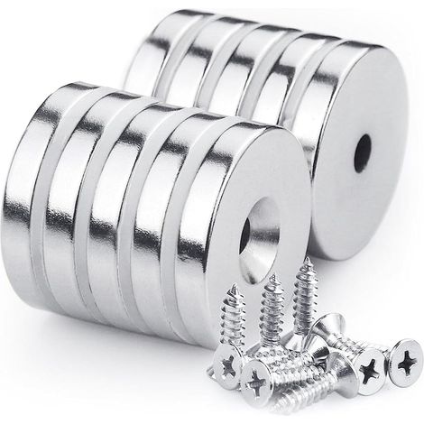 Paquet de 10 Aimants à Disque en Néodyme 30mm x 5mm avec Trou Fraisé, Forts, Permanents, Aimants Rares de Terre, Revêtement Triple Couche Ni+Cu+Ni, avec 10 Vis, Force de Traction de 12 kg (1/5)