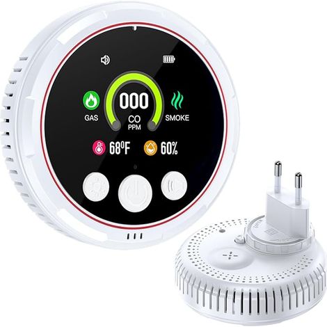 Detecteur Monoxyde Carbone, Detecteur de Fumée et Detecteur de Gaz avec écran et Batterie de Secours, Adapté pour la Maison, la Cuisine, Le Camping-Car, l'appartement (Blanc) (1/5)