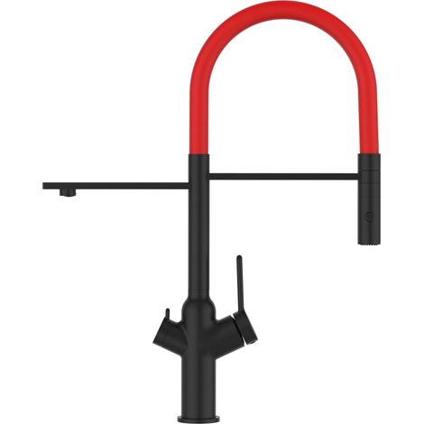 Rubinetto 3 vie miscelatore cucina Nero Opaco con canale separato per acqua filtrata, canna rossa movibile e doccia due getti staccabile - serie BOD (1/5)