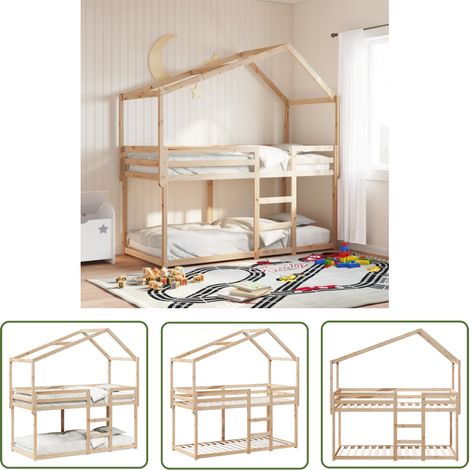 The Living Store Lit superposé sans matelas 90x200 cm bois de pin massif - Lit Superposé - Lit Enfant - Lit Avec Toit - Lit Double - Mobilier Enfant (1/5)