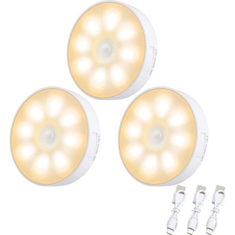 Lot de 3 veilleuses LED avec détecteur de mouvement, rechargeables par USB, lumière chaude, idéales pour la chambre, le dressing, la salle de bain et le couloir (blanches). (1/5)